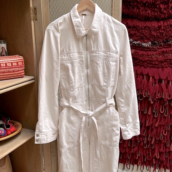 Free People Cream Zip Front Long Sleeve Denim Coveralls Jumpsuit - Picture 3 of 15